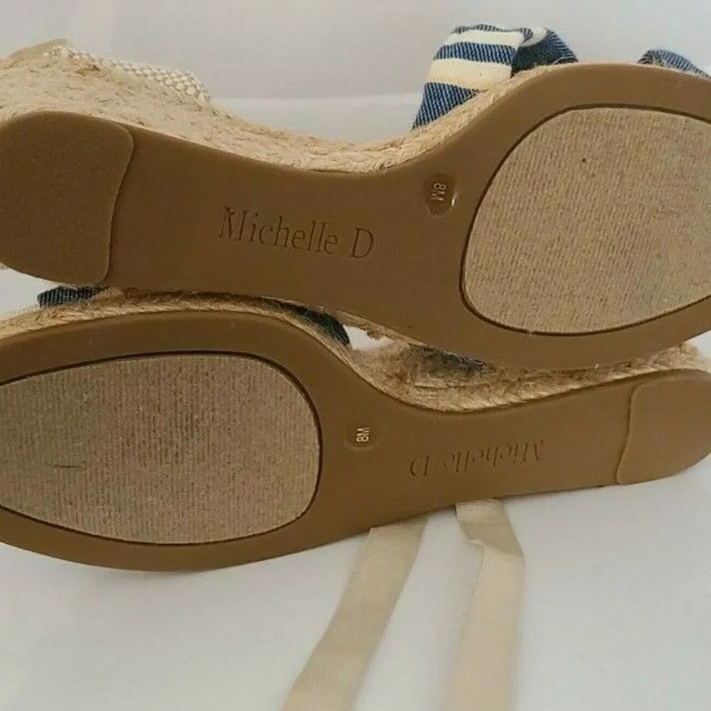 Michelle D Denim Striped‎ Espadrille Wedges Size 8M | Blue White Nautical Ribbon
